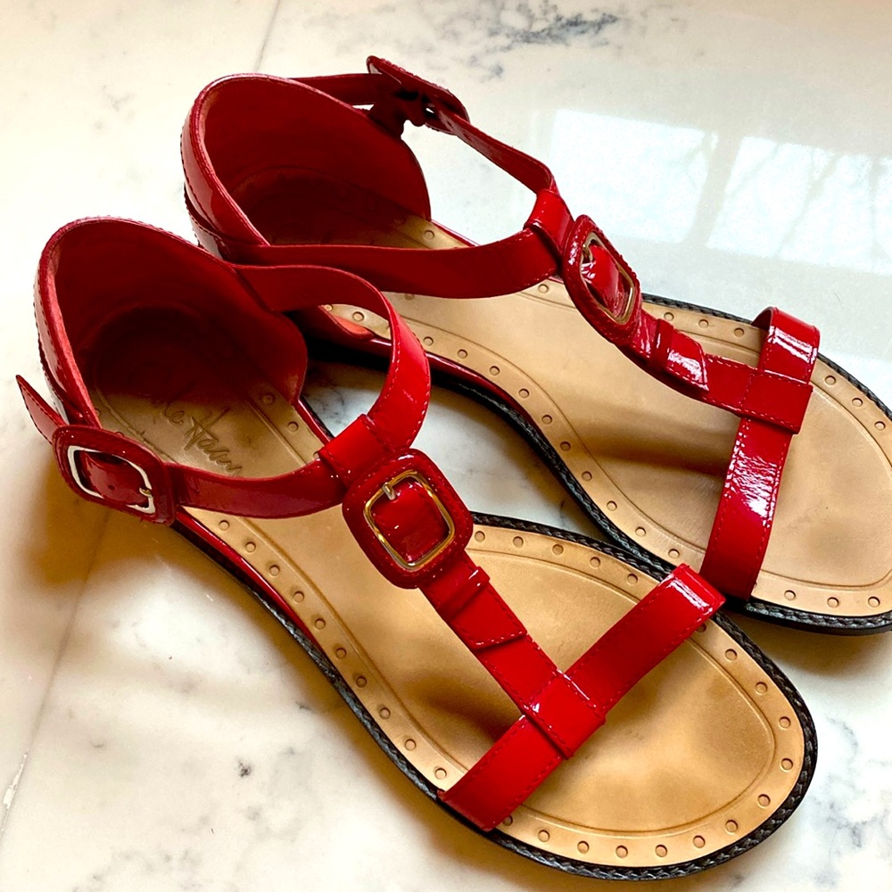 Cole Haan t-strap pink (sorbet) patent sandals, size 9 1/2